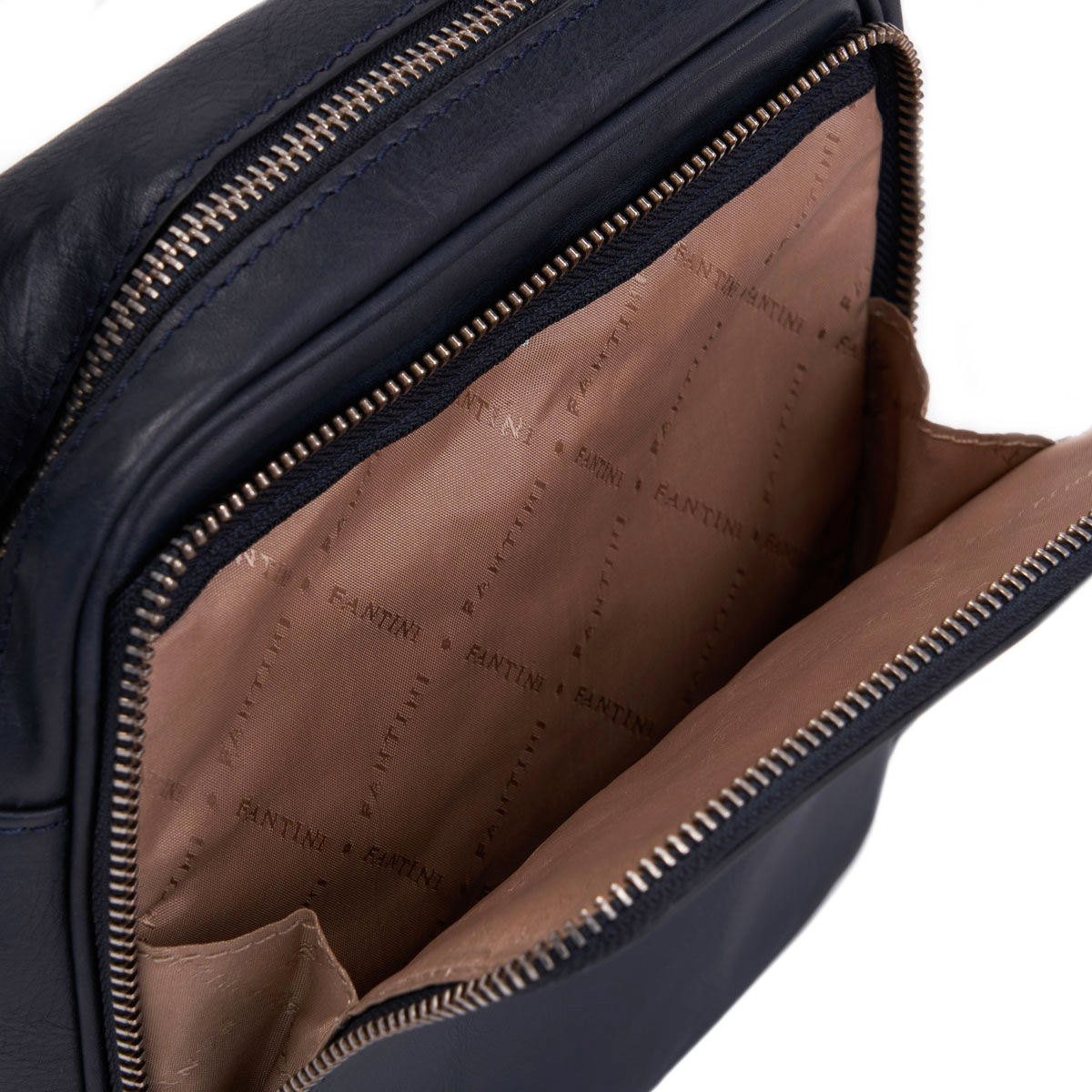 Bolso de hombre en piel azul, interior con estampado Fantin